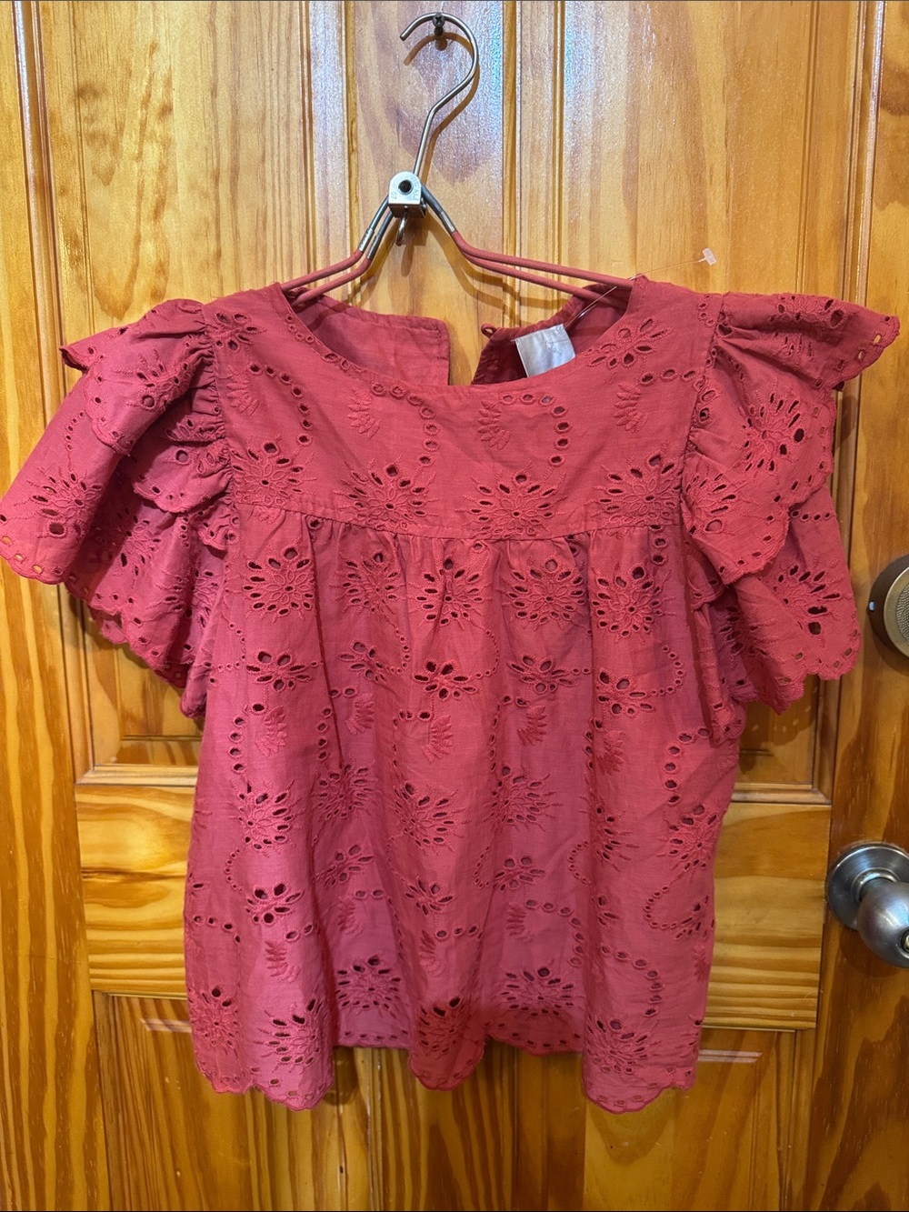 Eyelet Flutter Sleeve Blouse in Rust